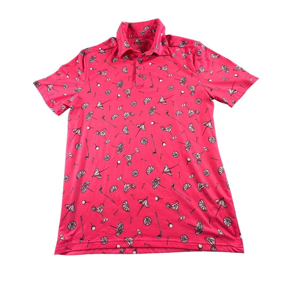 Chaps Golf Mens Pink Novelty Cocktail Golf Print Performance Polo Shirt Small